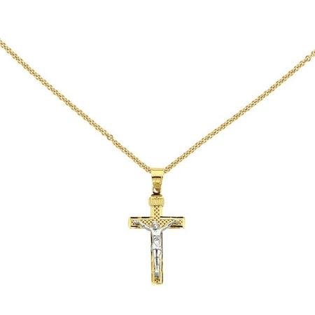14kt Two-Tone Diamond-Cut Medium Block Lattice Cross with Crucifix Pendant