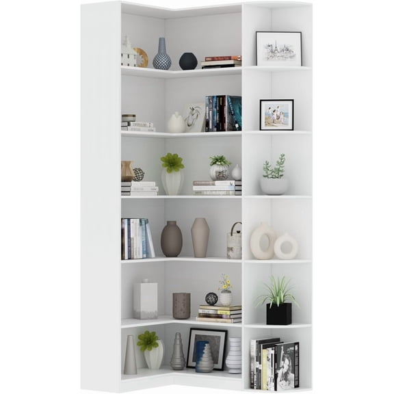 6-Tier L-Shaped Corner Bookshelf, Tall Industrial Etagere Bookcase with Full Anti-Drop Baffle, Modern Open Storage Display Shelf for Bedroom, Living Room, Home Office, White