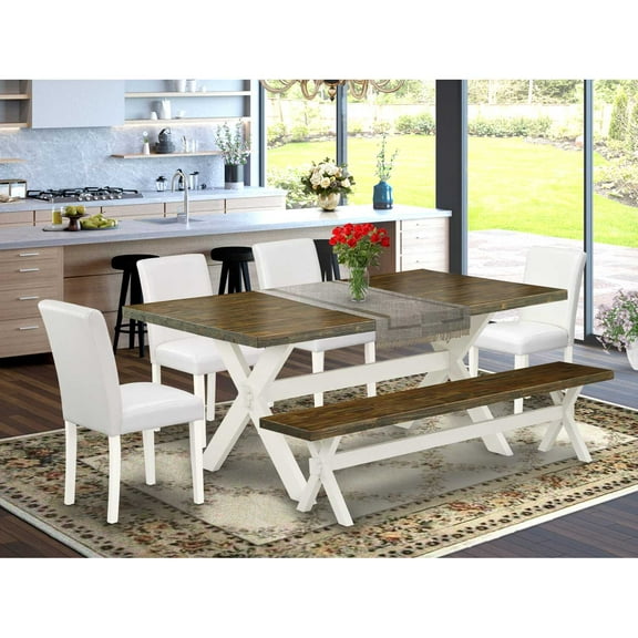 East West Furniture X077AB264-6 6-Piece Stylish kitchen table set a Superb Distressed Jacobean Color Wood Table Top and Distressed Jacobean Color Small Bench and 4 Attractive Pu Leather Dining Chairs