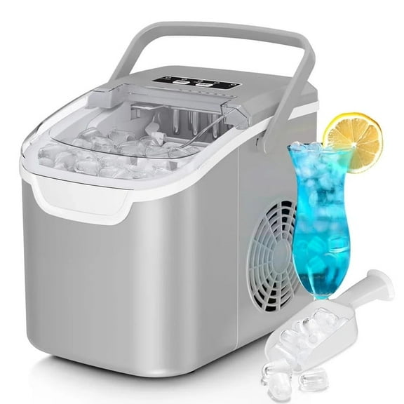 KNDKO Efficient Portable Countertop Ice Maker: Quick 8-Cube In 6 Mins, Up To 26Lb/Day, 2 Ice Sizes, Perfect For Home/Party/Travel GREY