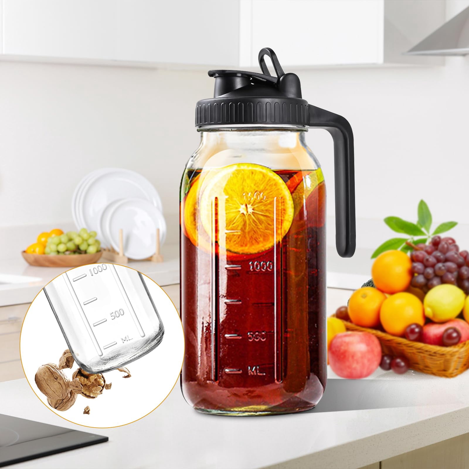 64oz Glass Pitcher With Lid  2 Quart Mason Jar Pitchers And Spout Wide Mouth Breast Milk Jug Sun Tea Cold Brew Coffee Fridge Container For Water Juice