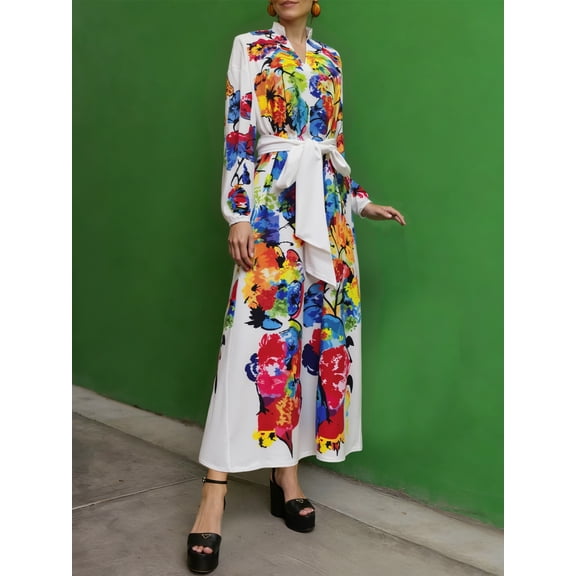 OYYN Women's High Waist Boho Maxi Dresses Casual Loose Long Sleeve Ruffled Neck Elegant Evening Party Belted Dresses