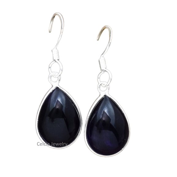 Solid 925 Sterling Silver Dangle Drop Earrings For Women, Natural Amethyst Pear Gemstone Unique Handcrafted February Birthstone Earrings