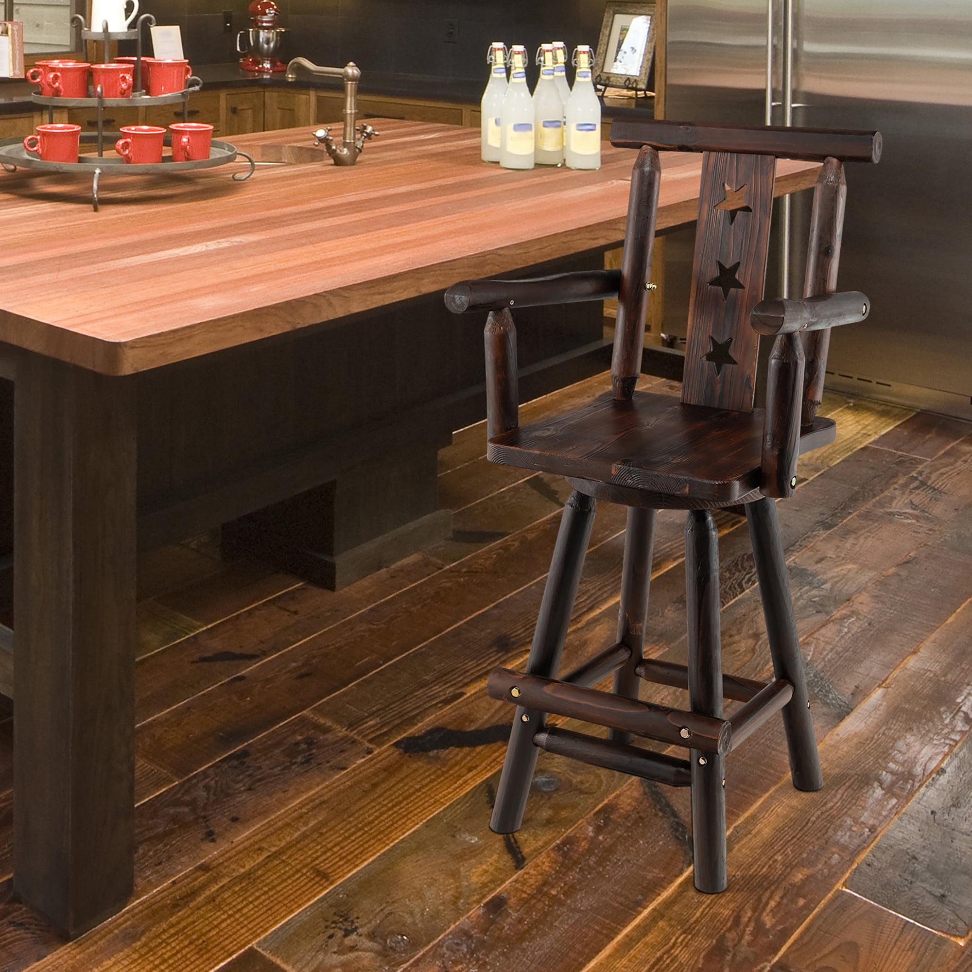 Costway Set of 2 Wooden Bar Stools Swivel Bar Height Kitchen Patio Chairs with Armrest