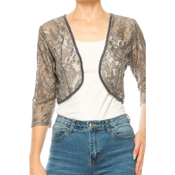 Women's Casual Lace Bolero Crochet Open Cardigan 3/4 Sleeve Sheer Cover Up Jacket