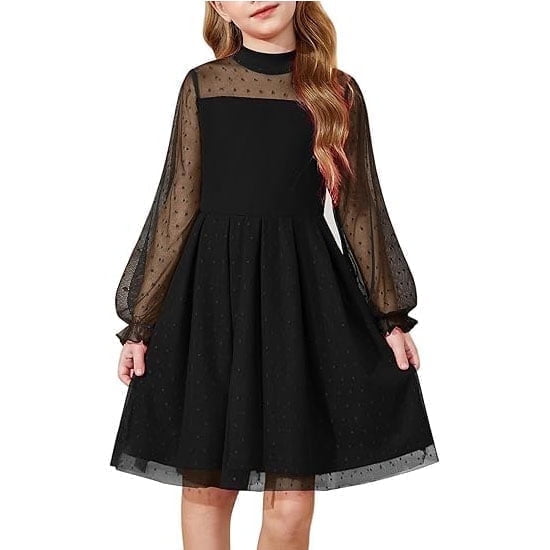 Arshiner Girls Dresses Contrast Mesh Puff Long Sleeve Mock Neck Formal Party A Line Short Tulle Dres