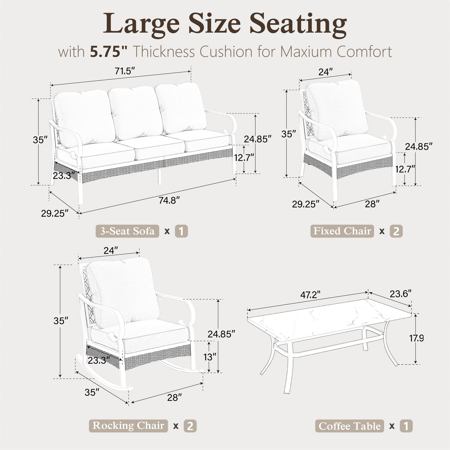 MF Studio 7-Seater Patio Conversation Set Metal Outdoor Furniture with Rocking Chair Sofa Gray