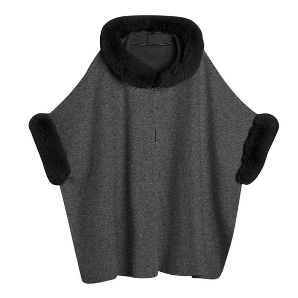 Women's Hooded Poncho Cardigan, Faux Fur Trim Long Knit Wrap Coat, Loose Casual Outerwear for Fall and Winter