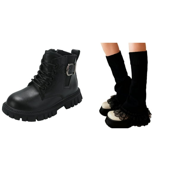 Girl's Combat Boots Ankle High Short Boot Sdie Zipped PU Leather Booties with Free Cotton Knited Y2K Lace Bell Bottom Leg Warmer (Black Boots   Black Leg Warmers - Boots Size:33)