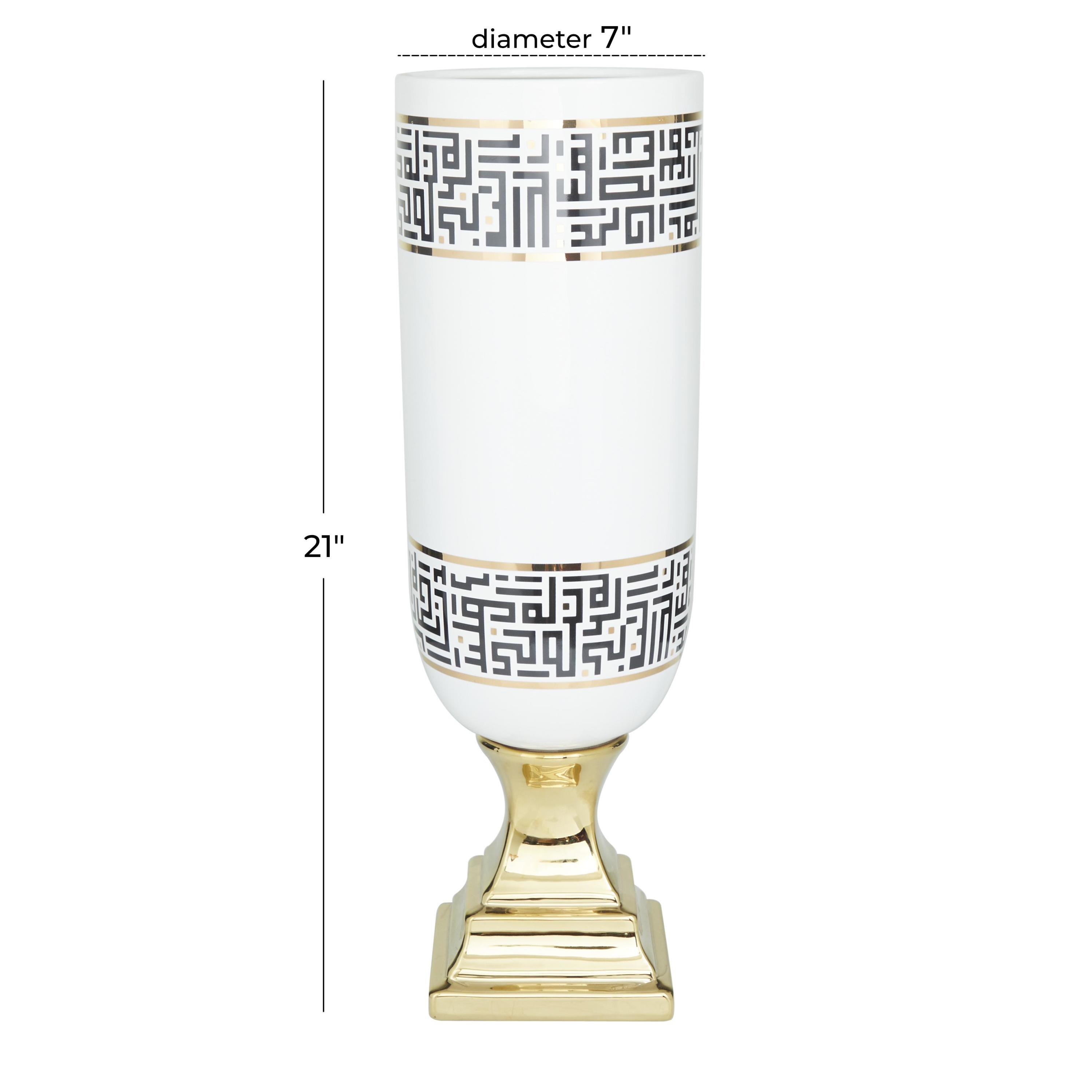 DecMode 21" White Ceramic Vase with Greek Knot Pattern and Gold Base