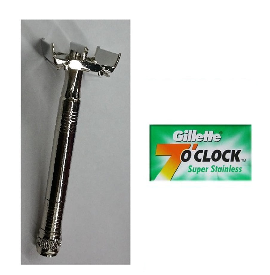 Double Edge Safety Razor + Gillette 7 O'Clock Permasharp Green Double Edge Blades, 10 ct. (Pack of 1) + Schick Slim Twin ST for Dry Skin