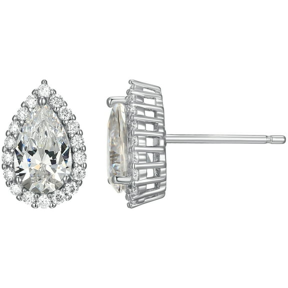 Forever Facets Moissanite Pear-Shape Earrings in Rhodium Plated Sterling Silver, Adult Female