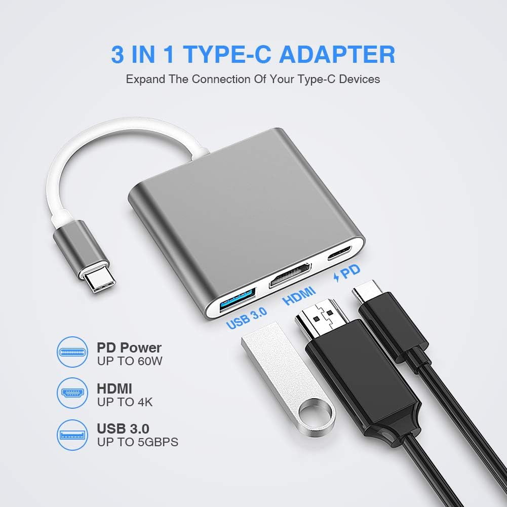 USB C to HDMI Adapter, Type C to 4K HDMI Adapter with 100W PD & USB 3.0 Port Multiport Digital AV Converter for MacBook Pro/air, iPad Pro/air, iPhone 15 and More USB-C Devices (Gray)