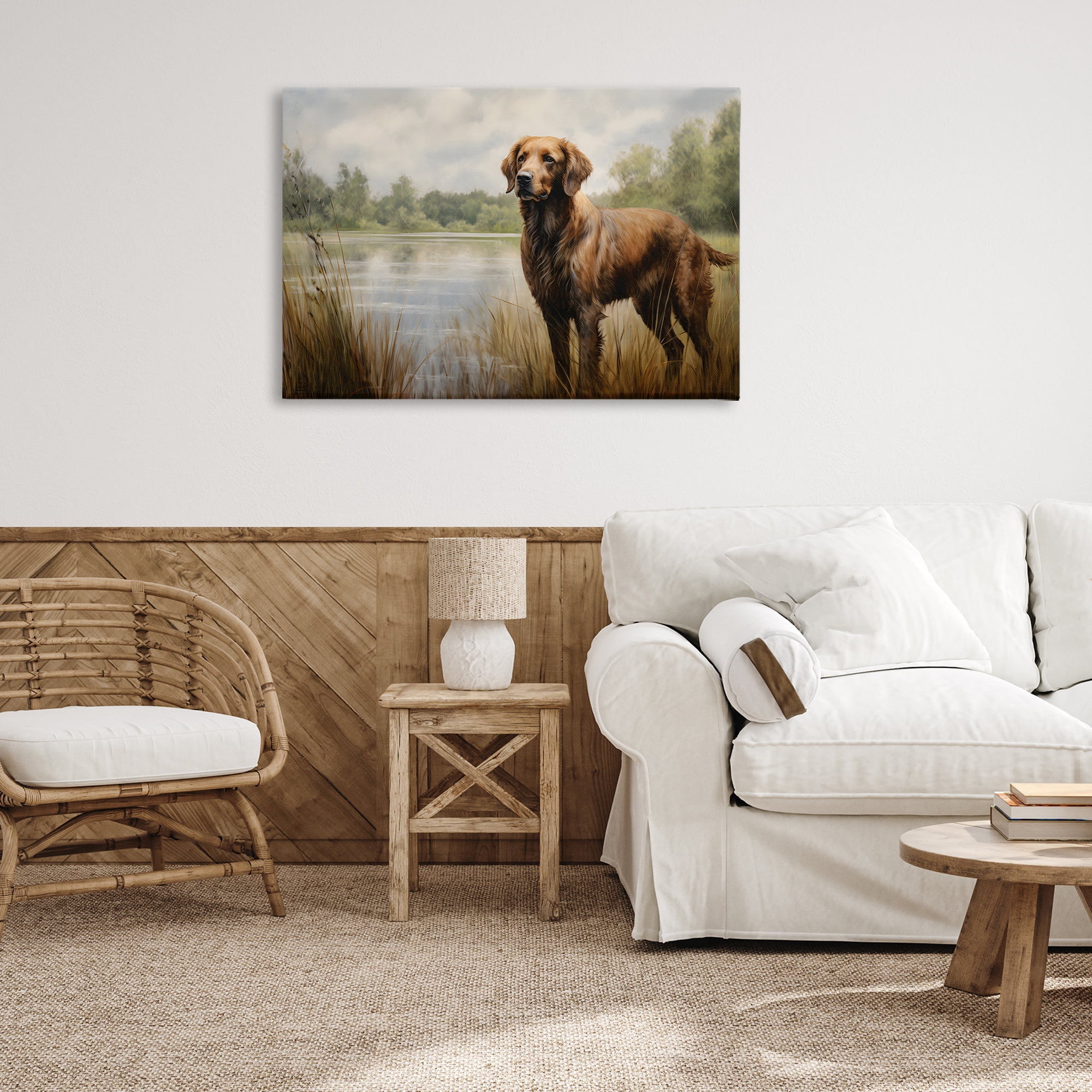 Stupell Industries Retriever Dog & Pond Landscape Painting Gallery Wrapped Canvas Art Print Wall Art, 36 x 24