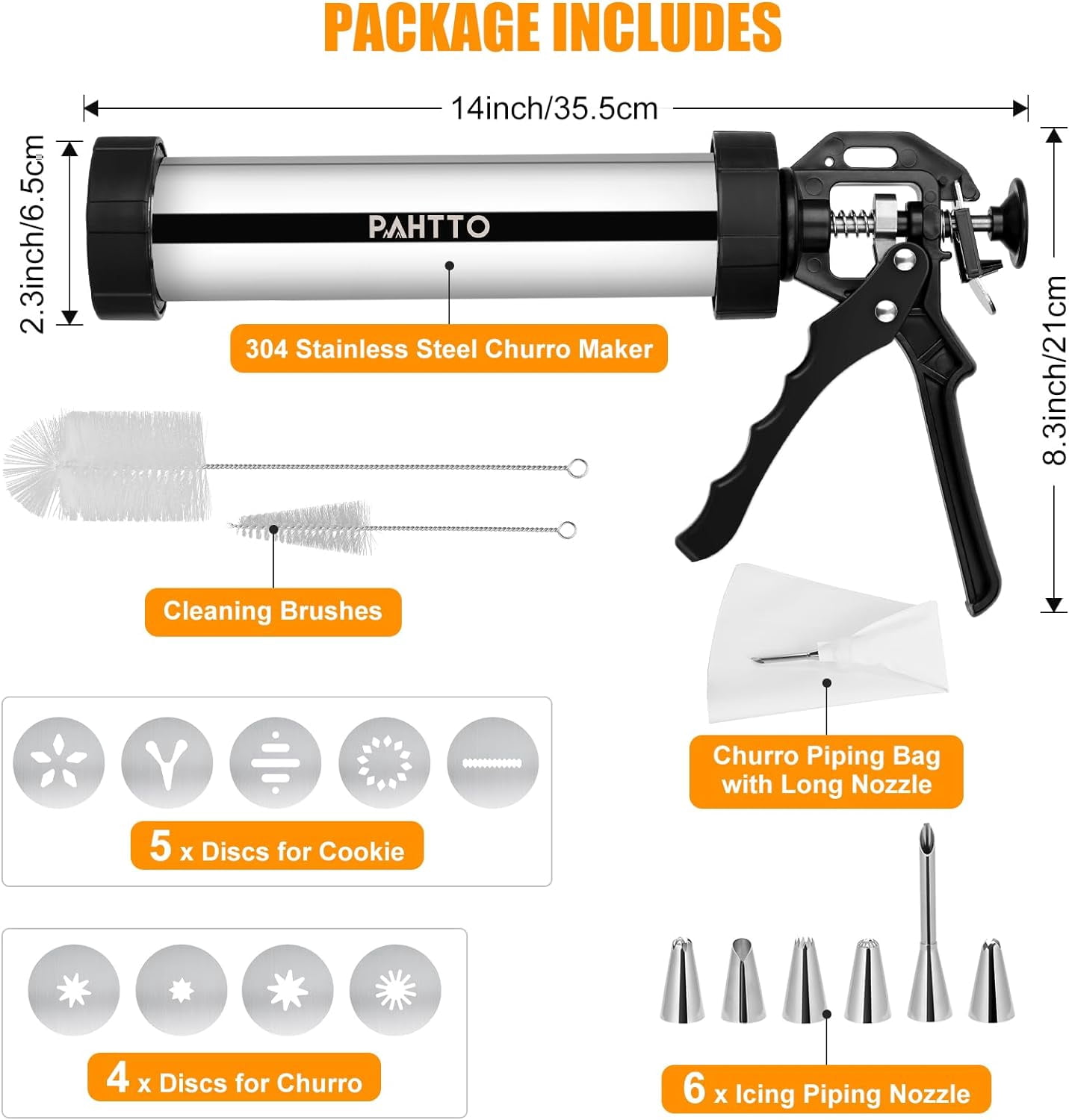 PAHTTO Cookie Presses, Stainless Steel Churros Gun Kit with Piping Bag, Churro Filler, 6 Piping Nozzles, 9 Cookie Discs, 2 brushes