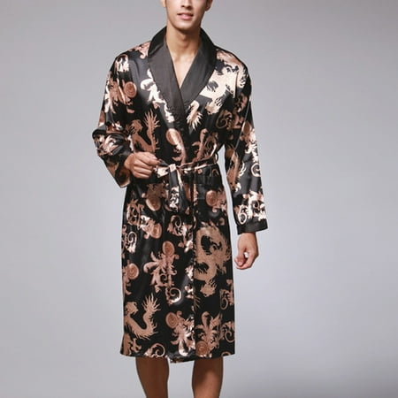 

UDAXB Lingerie Men Simulation Silk Print Plus Size Pajamas Lingerie Robe Bathrobe Dressing Gown