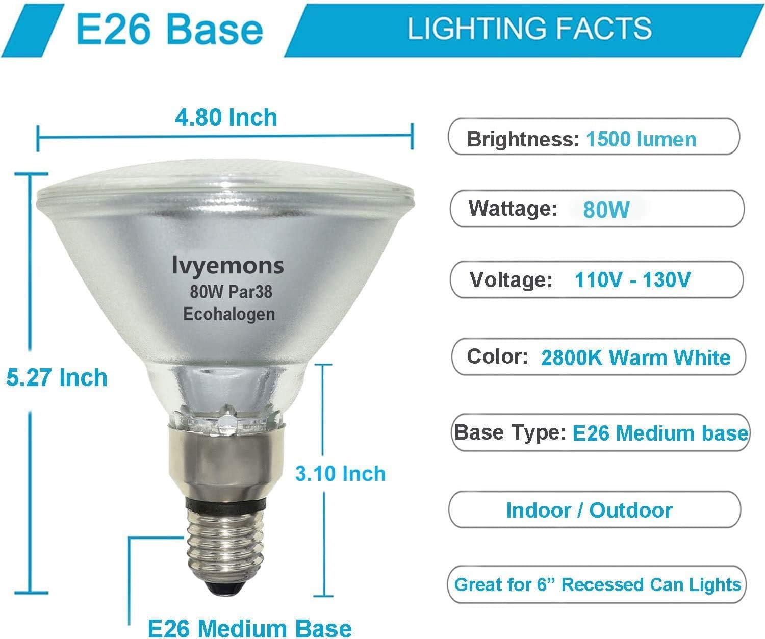 Ivyemons 4 Pack PAR38 Halogen Flood Light 80W (100W Equiv.) 120V Dimmable, 1500LM High Brightness 2800K Warm White with E26 Base for Indoor/Outdoor