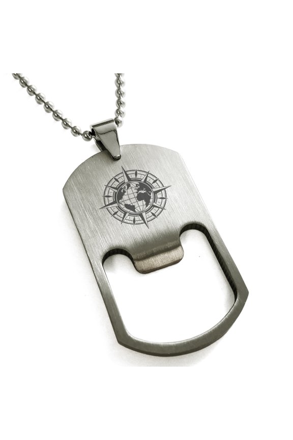 Stainless Steel Nautical Global Compass Engraved Bottle Opener Dog Tag Pendant Necklace