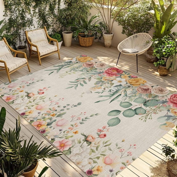 Watercolor Floral Outdoor Rug for Patio/Deck/Porch, Non-Slip Large Area Rug 5 x 8 Ft, Spring Roses Eucalyptus Leaf Plants Beige Indoor Outdoor Rugs Washable Area Rugs, Camping Rug Carpet Runner