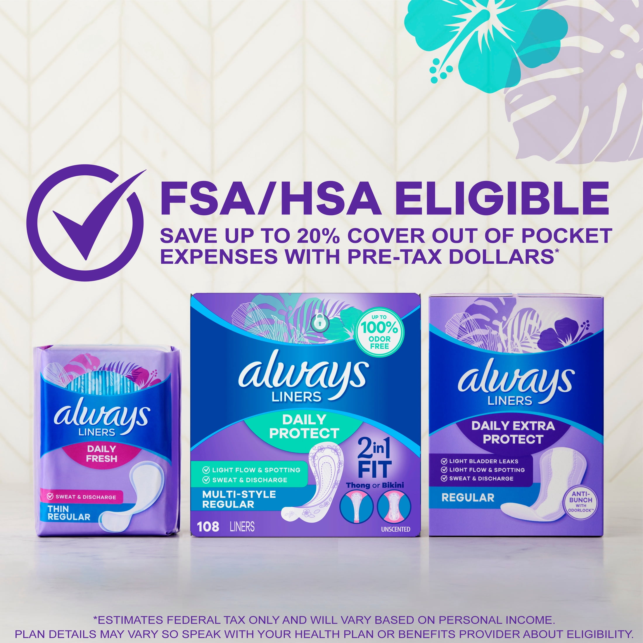 Always Daily Protect Multi-Style Liners, Regular, Unscented Panty Liners, 108 Count