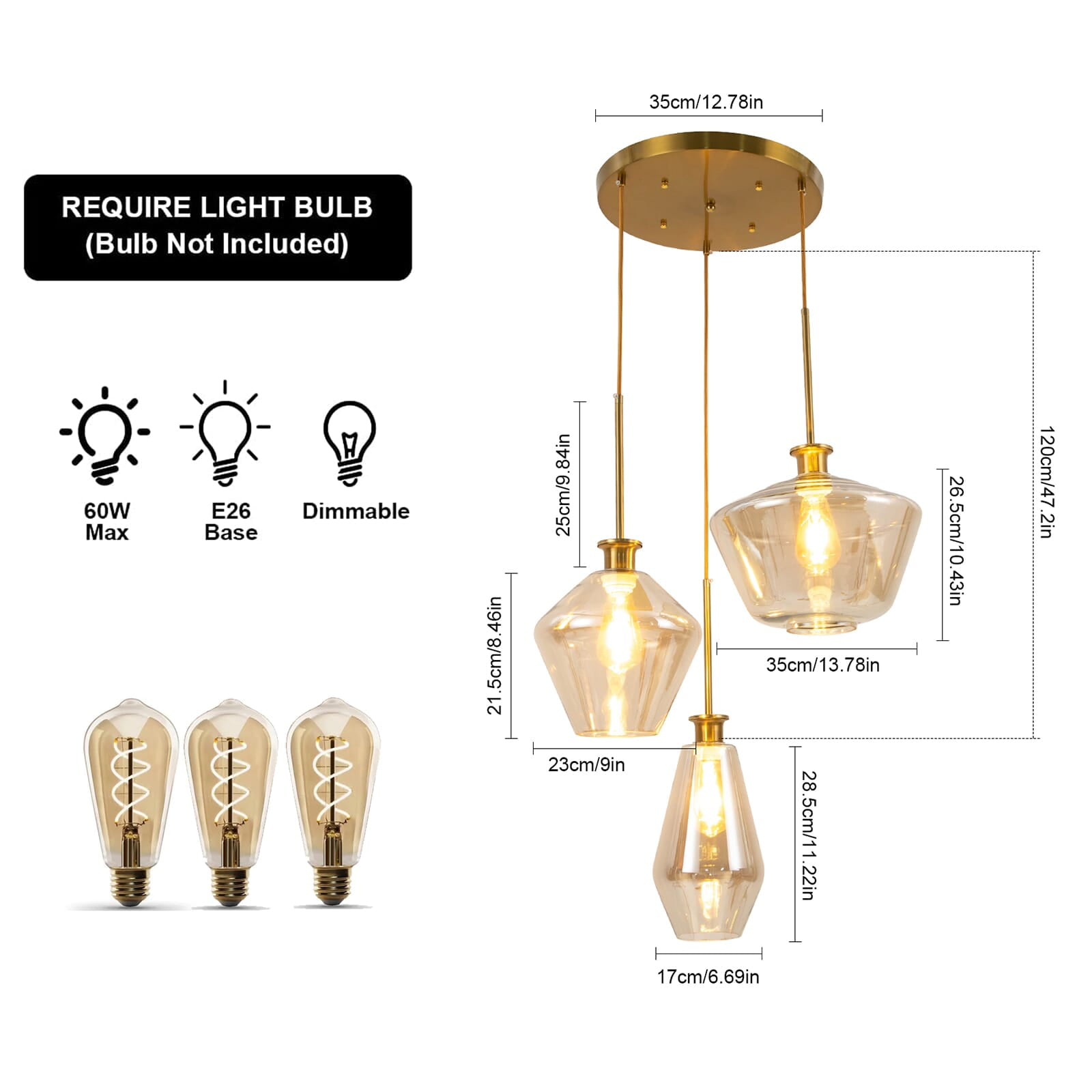 Modern Champagne Gold Glasses Pendant Light,3-Light Height Adjustable Hanging Chandelier Ceiling Light Fixture with Glass Lampshade for Dining Room Living Room