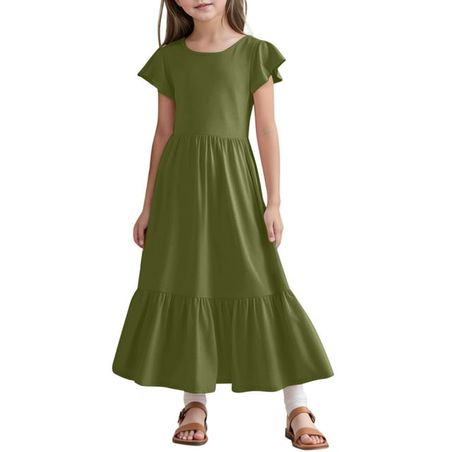 Girls Summer Pleated Short Sleeve Round Neck Loose Casual Flowy Layered Extra Long Dress With Pockets