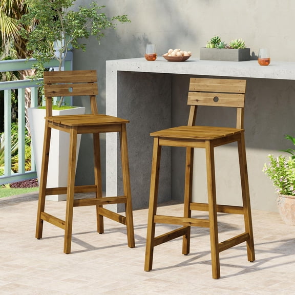Acacia Wood Bar Stools Rustic Bar Stools Indoor Outdoor Stools, 2-Pack Slat Back and Seat Design with H-Frame Legs, for Dining Room and Patio Use, Teak Finish Brown 40.5" High