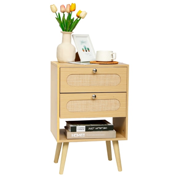 CEYAZYE Boho Bedside Table Modern Rattan Nightstand with 2 Drawer and Open Storage for Bedroom, Living Room,Enrtyway 23.62"H Tall,Natural