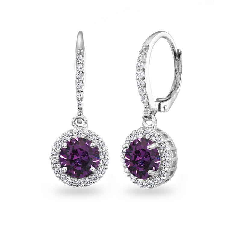 925 Sterling Silver plated Purple Crystal Earrings Dangle Engraved Sparkling 