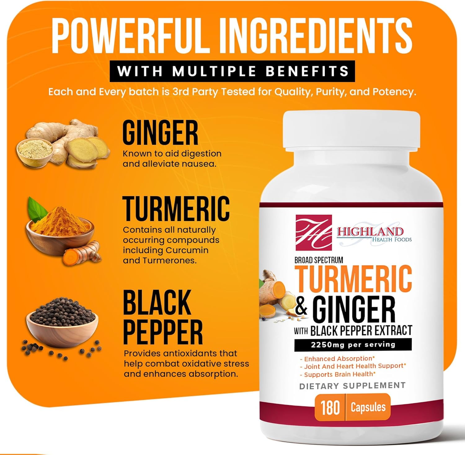 Highland Health Foods Turmeric 2250mg with Ginger Root & Black Pepper Extract 180 Capsules