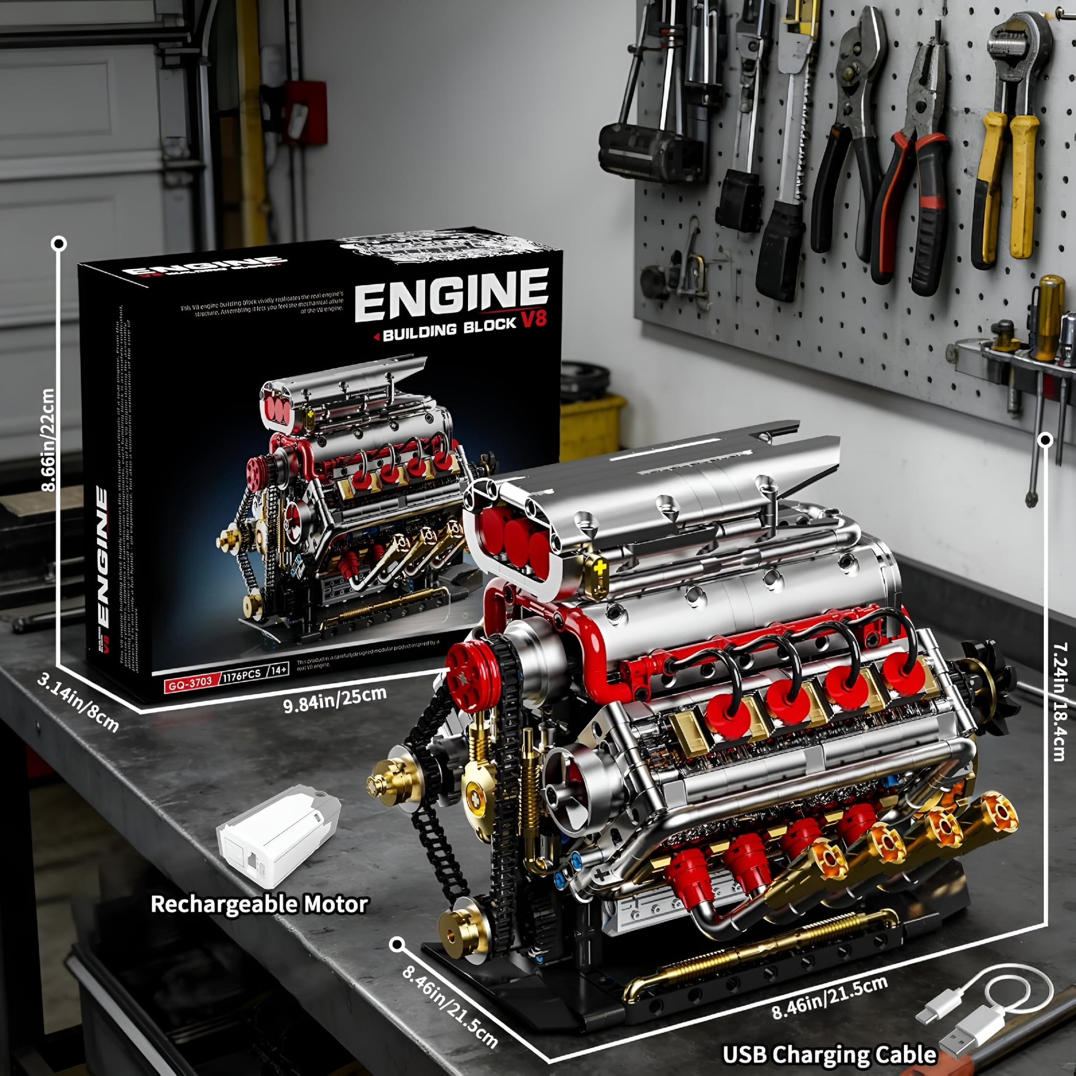 BESTSKY V8 Engine Model Kit That Runs, 8-Cylinder Car Engine Building Set with Rechargeable Motor, Compatible with for Adults, Engineering Construction Toy for Teens Boys (1176 PCS)