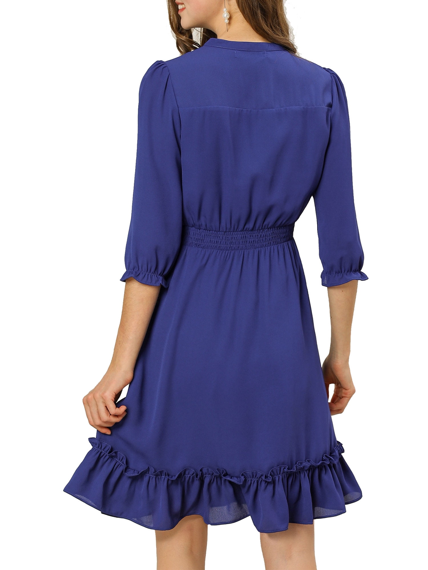DARING DIVA Tie V Neck Chiffon 3/4 Sleeve Smocked Mini A-Line Dress M Royal Blue