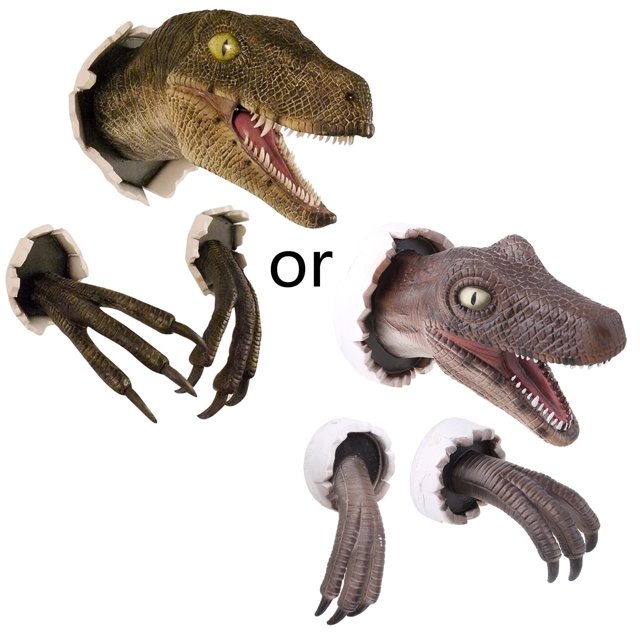 WINDLAND Escultura de busto de dinosaurio 3D para montar en la pared, realista, con diseño de velociraptor roto y colgante, ideal para decoración de fiestas en casa o en la oficina.
