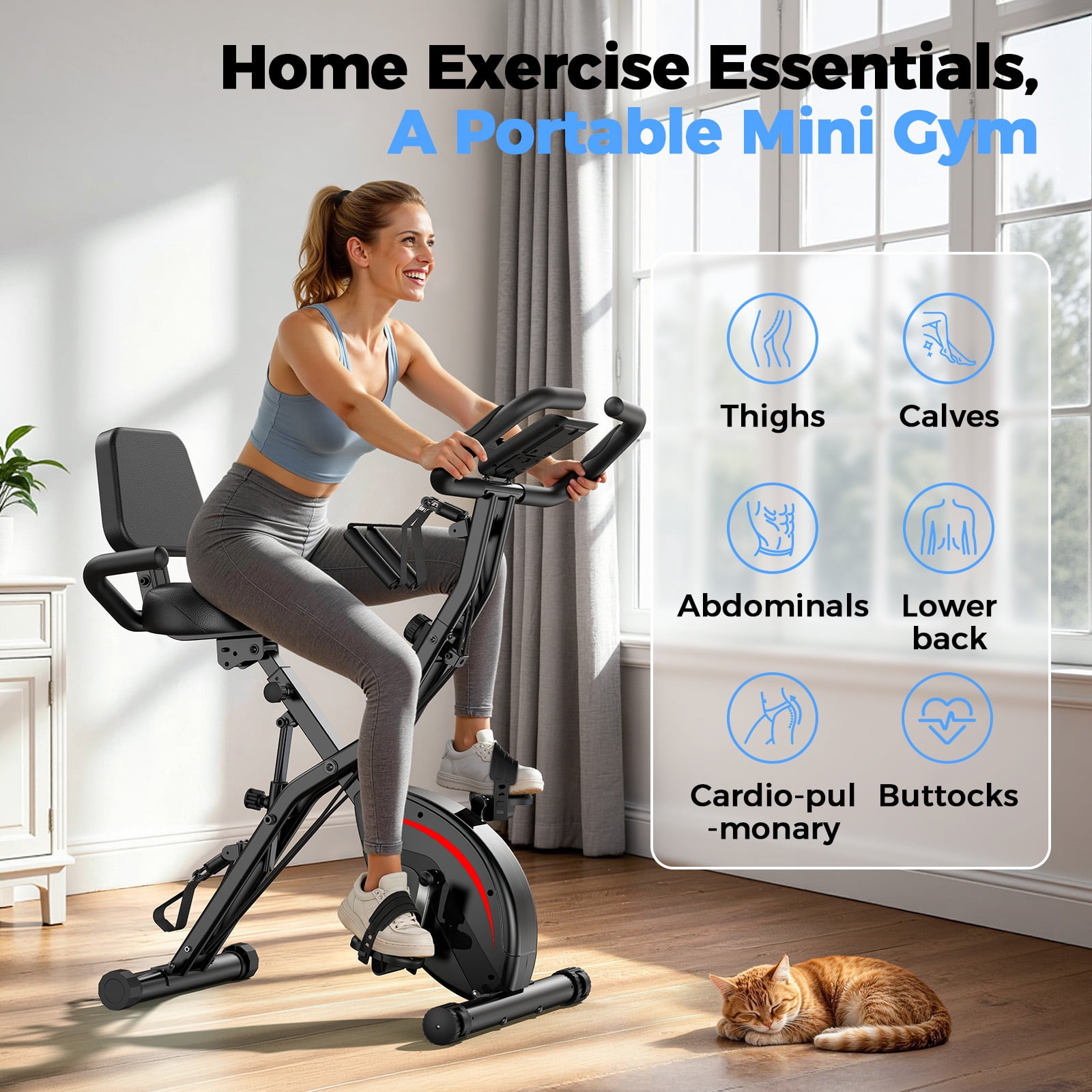 UPGO 5 IN 1 Folding Exercise Bike with 6.6 LBS Flywheel & 16 Levels of Resistance, 330LB Weight Capacity Indoor Workout Cycling Bike for Home Gym