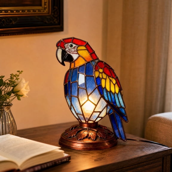 Cadancy Stained Glass Table Lamp Parrot Light Metal Base Vintage Desk Illumination Bedroom Living Room Home Decor Artistic Nightstand Lighting Fixture Gift Collectible