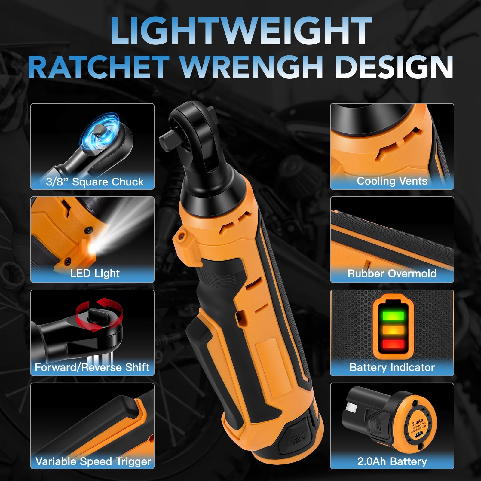 Filluck 3/8" Cordless Ratchet Wrench, 41 ft-lbs (55 Nm) Torque, 20V Power Tool Kit with 2 Batteries, LED Light, 13-Piece Set for Mechanics & Car Repairs