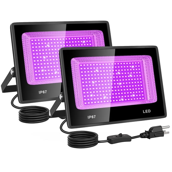 2 pack 100W LED UV Outdoor Floodlights, with Plug and Switch, IP67 Waterproof Security Lighting for Yard, Glow Party, Fluorescent Poster, Body Paint