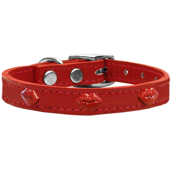 Red Glitter Lips Widget Genuine Leather Dog Collar 22