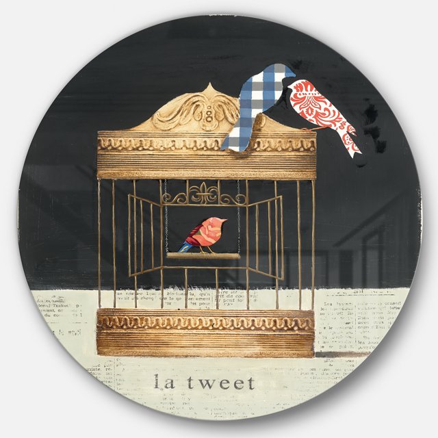 Designart 'collage Cage à Oiseaux Or Tweet' Art Mural Rond en Métal Style Ferme - Disque de 36