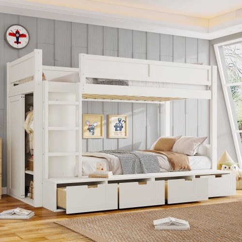 Mintazer Twin over Twin Bunk Bed with Wardrobe, Kids Bunk Bed with 4 Storage Drawers & Ladder for Bedroom, White