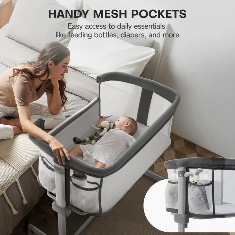 Besrey Baby Bassinet Bedside Sleeper 7 Height Adjustable Bedside Crib with Wheels Baby Bed for Newborn Infant with Mattress Gray Walmart