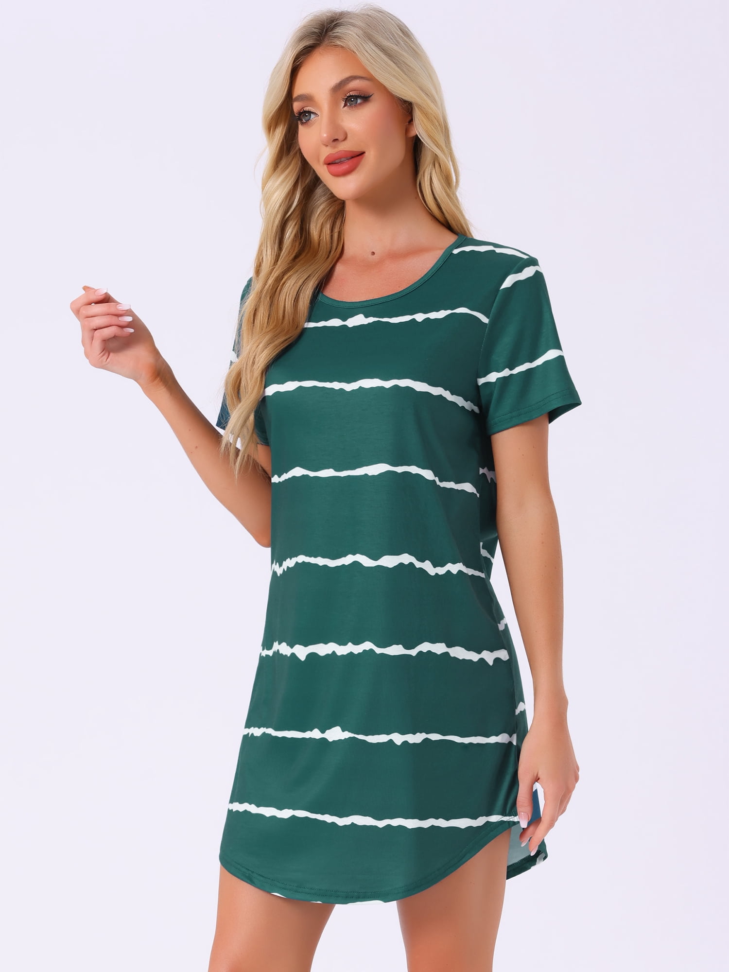 DARING DIVA Women's Round Neck Striped Short Sleeve Sleepshirt Nightgown 2XL Blue Green