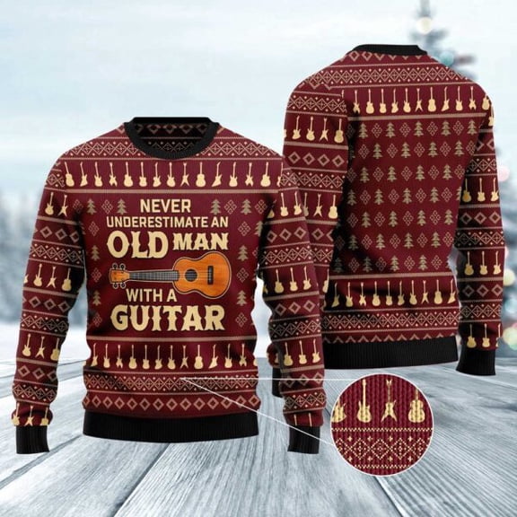 Never Underestimate An Old Man With A Guitar 3D Christmas Sweater, Christmas Sweater, 3D Sweater, Funny Xmas Sweaters