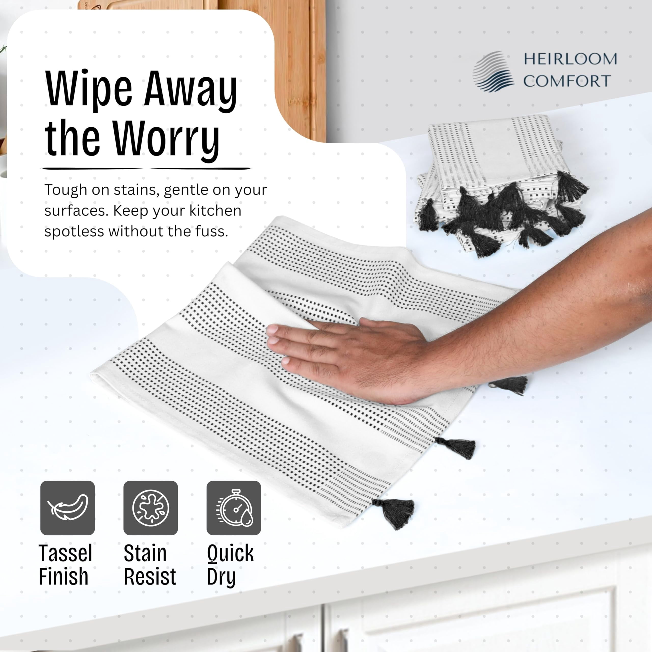 HEIRLOOM COMFORT Black Decorative Dotted Kitchen Towels 16x26 Inch, 3 Pack, Ultra Absorbent, Soft, 100% Cotton Towels with Tassels, Fast-Dry for Cleaning, Drying Dishes, and Everyday Use