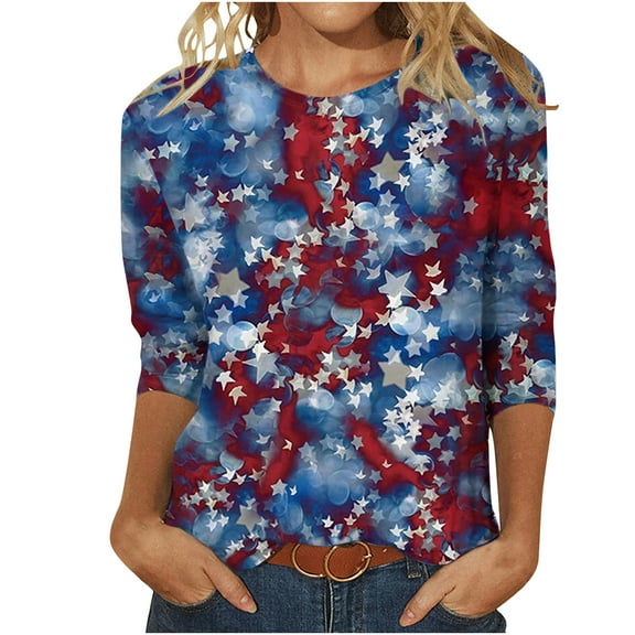 IROINNID 4th of July T-Shirt For Women Fashion Retro Loose Tops Blouse Round Neck Women Tops Independence Day