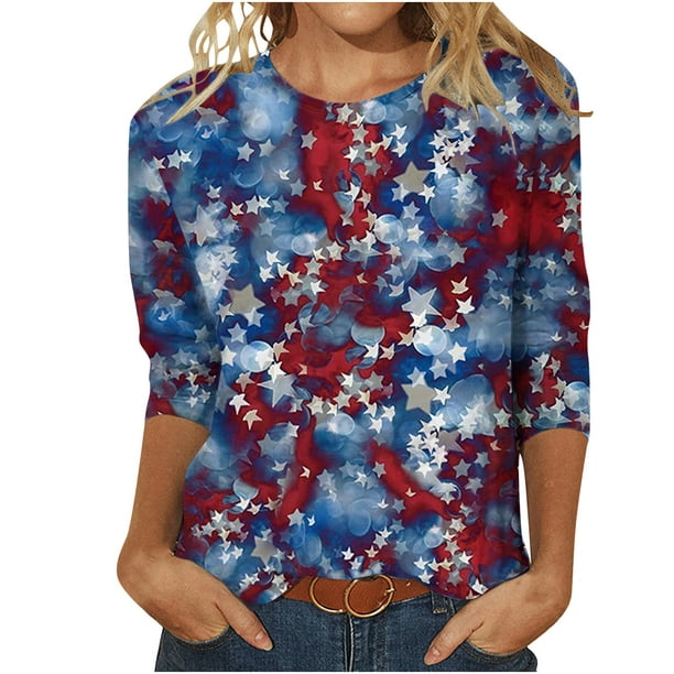 REORIAFEE Women USA Americana Patriotic Star T-Shirt Retro Print Loose ...