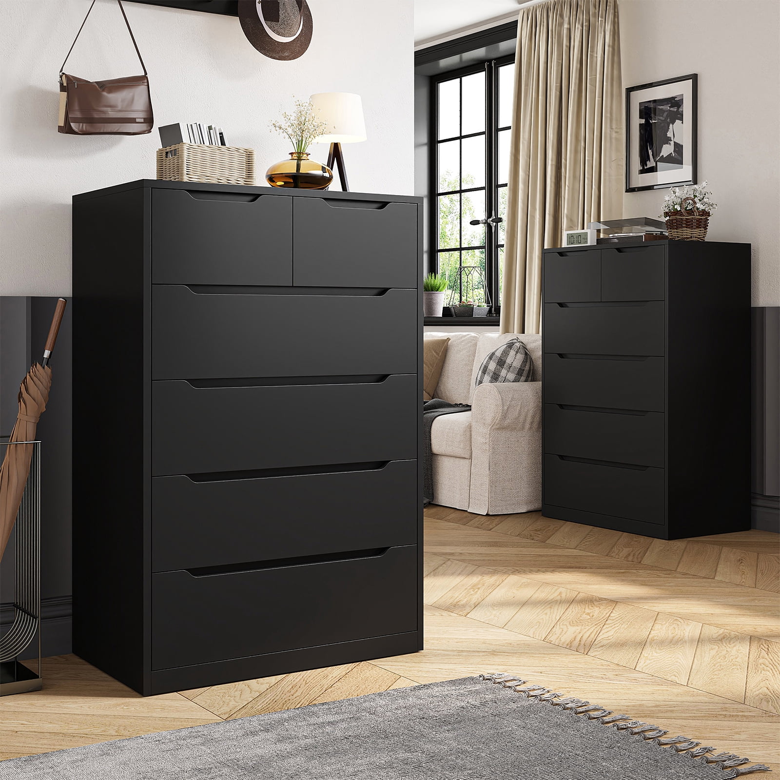 EnHomee Set of 2 Black Tall Dresser Wood 6 Drawer Dressers for Bedroom Wood Chest of Drawers with Smooth Metal Rail Large Dresser Modern Storage Cabinet for Home Office Living Room
