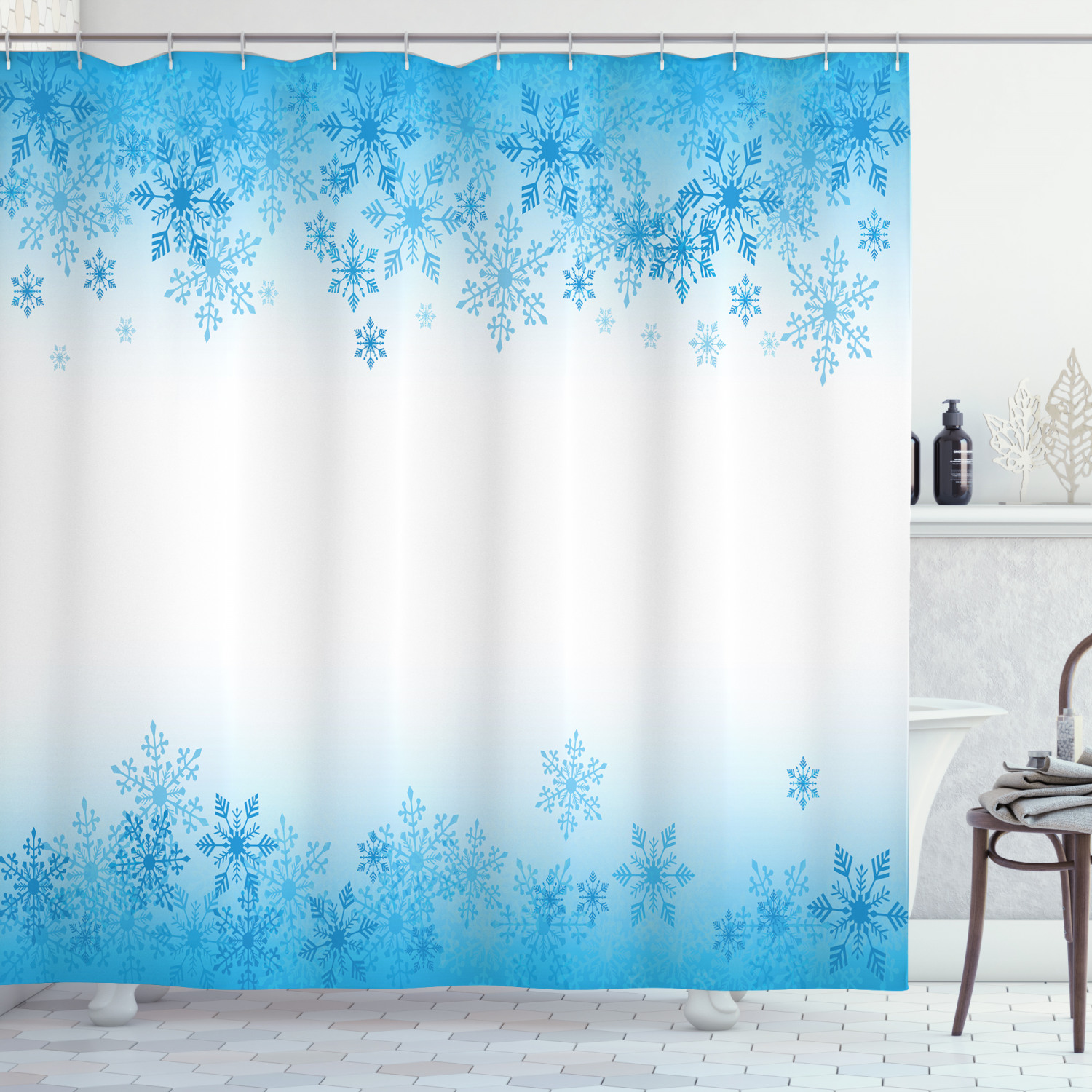 Winter Shower Curtain, Abstract Ornaments Snowflakes Cold Weather Season Frozen Water
