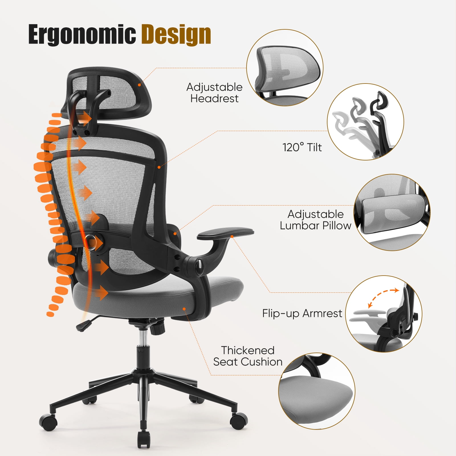 GIANNA Ergonomic Mesh Office Chair, High Back Desk Chair with Adjustable Lumbar Support, Headrest & Armrests, Swivel Task Chair, Grey