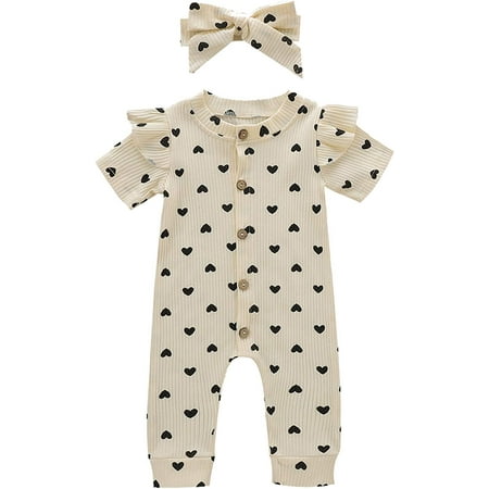 

QWZNDZGR Children Clothes Set Ruffles Hearts Print Jumpsuit+Headbands Baby Romper Infant Girls Valentine s Day Girls 0